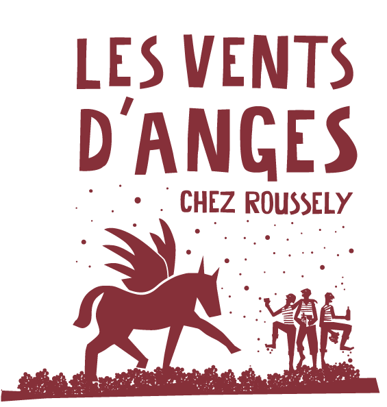 Des personnages dessinés foulent des grappes de raisin devant un cheval ailé